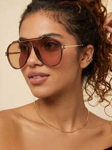 1 Pair Women's Metal Oval Frame Retro Double-Bridge Fashion Aviator , Suitable For Vacation, Beach, Women's Fashion Glasses, Summer Beach Vacation, Outdoor, Travel - Light Brown - View 2