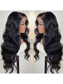 13x4 合成蕾丝前假发，波浪卷发蕾丝前假发，预先拔毛，无需胶水，26 英寸，女士即戴假发，适合初学者 - 黑色 - 查看 4