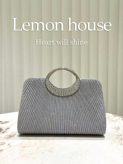 1个优雅褶皱亮面浅灰色手提包，时尚女士手拿包，高端派对晚宴包，新娘婚礼钱包，适合宴会、婚礼、派对、舞会、嘉年华等正式场合