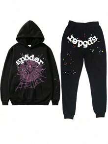 Unisex Spiderweb Letter Print Sweatpants Hoodie Sweatshirt Tracksuit - Phong cách - Xem 1