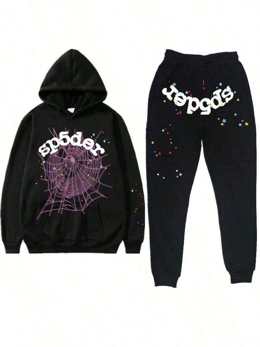 Unisex Spiderweb Letter Print Sweatpants Hoodie Sweatshirt Tracksuit - Phong cách - Xem 1