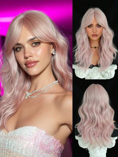 20-Inch Short Wavy Bangs Wig, Pink, Heat-Resistant Synthetic Fiber, Suitable For Parties, Daily Wear, Music Festivals, Gatherings And Celebrations