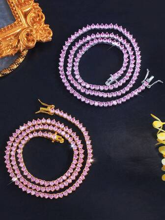 1 pieza Hermoso collar de tenis con circonita cúbica rosa de 3 mm, joyería de fantasía plateada en plata y chapada en oro amarillo para mujer, para boda, compromiso, fiesta, baile de graduación, regalo para damas, novias, esposa