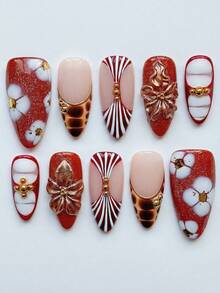10 PCS Handmade Y2K Medium Almond Press On Nails, Red Glitter 3D Bronze Flower & White Plum Blossom For New Year Party, Removable Reusable Nail Set (Jelly Glue & Nail File Incl.)