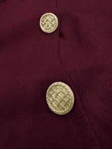 Women's Elegant Casual Turtleneck Pullover Sweater, Single-Breasted Metal Button Design, Comfortable Solid Color Ribbed Asymmetric/Asymmetrical, Autumn/Winter - Burgundy Red - View 3