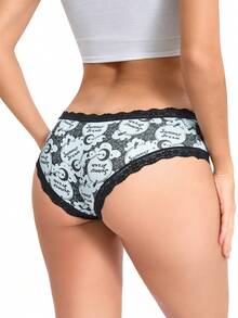 Dircho 5条装女士可爱图案撞色蕾丝比基尼内裤 - 南瓜/爱心/蝙蝠/眼睛图案，丝滑柔软舒适贴身内衣，弹力透气松紧腰日常内衣套装 - 彩色 - 查看 4