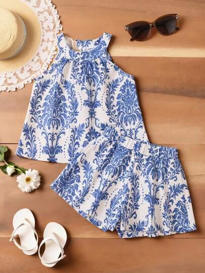 2pcs Girls Classic Sleeveless Collar Printed Shorts Set, Suitable For Outdoor Wear