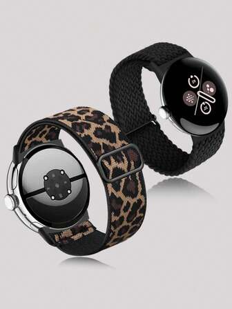 2PCS Leopard Print Watch Band And Braided Watch Band Compatible With Google Pixel Watch 4 3 41mm Band/ Pixel 2/ Pixel/ Pixel Watch 4/3 45mm Band For Teens, Elastic Adjustable Straps / Wristbands Replacement For Goolge 41mm 45mm