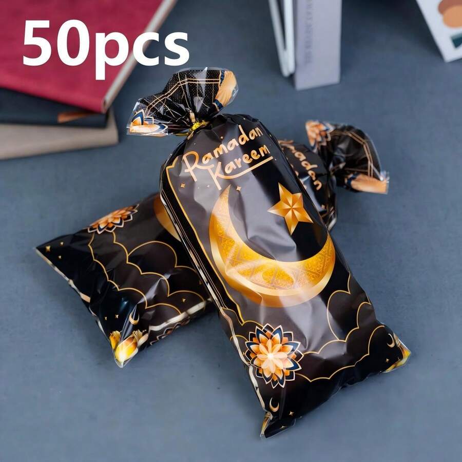 50个装开斋节糖果袋，黑金月亮星星城堡塑料礼品袋，伊斯兰斋月派对用品，包含多种配件，适用于斋月、宰牲节、开斋节装饰。 - 金色 - 查看 1