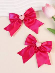 2pcs Girls' Valentine's Day New Fabric Handmade Polyester Heart & Bow Rhinestone Hair Clips - Multicolor - View 2