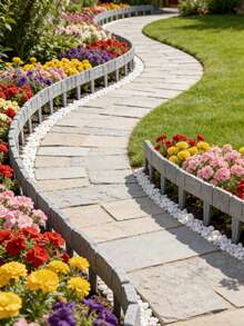 10pcs Gray Faux Stone Plastic Garden Edging Fence, Flower Bed Frame, Garden Yard Decor Fence, Faux Stone Texture Plastic Lawn Garden Border