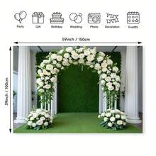 2D平面横幅，1件装，优雅绿叶白花格子背景，适用于婚礼、生日和各种活动 - 涤纶材质，闪亮装饰，可用于相册、复古派对和婚礼装饰 - 1pCS(1件) - 查看 3