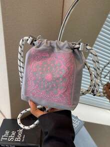 可爱刺绣帆布水桶单肩斜挎包，防水尼龙时尚手提包，腰果花刺绣，可拆卸肩带 - 彩色 - 查看 14