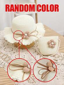 一套女童宽檐草帽和斜挎包（3-8岁） - 透气户外沙滩帽和包包，带有花朵装饰，适合幼儿小女孩 - 1set 草帽+斜跨包 - 查看 11