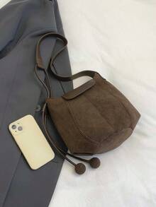 Solid Color Personalized Suede Flap Shoulder Bag, Casual Versatile, Spherical Hanging Decoration, Women's Bucket Bag Style, Suitable For Shopping, Wallet Carrying, Young Women, College Students, Newlyweds, White-Collar Etc. Also Very Suitable For Office, University, Work, Business, Commuting, Outdoor Activities, Travel And Outings. - Coffee - View 8