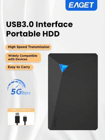 EAGET Extern hårddisk, 2,5 tum stor mekanisk hårddisk, USB 3.0 HDD mekanisk hårddisk, Plug and Play för PC, datalagring för spel, filer, videor och musik, 250 GB/320 GB/500 GB/1 TB/4 TB/5 TB kapacitet