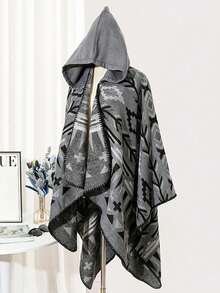 1pc Geometric Jacquard Knit Hooded Scarf Shawl Unisex Casual Outerwear, Suitable For Spring/Autumn, Daily & Travel Wear - Multicolor - View 13