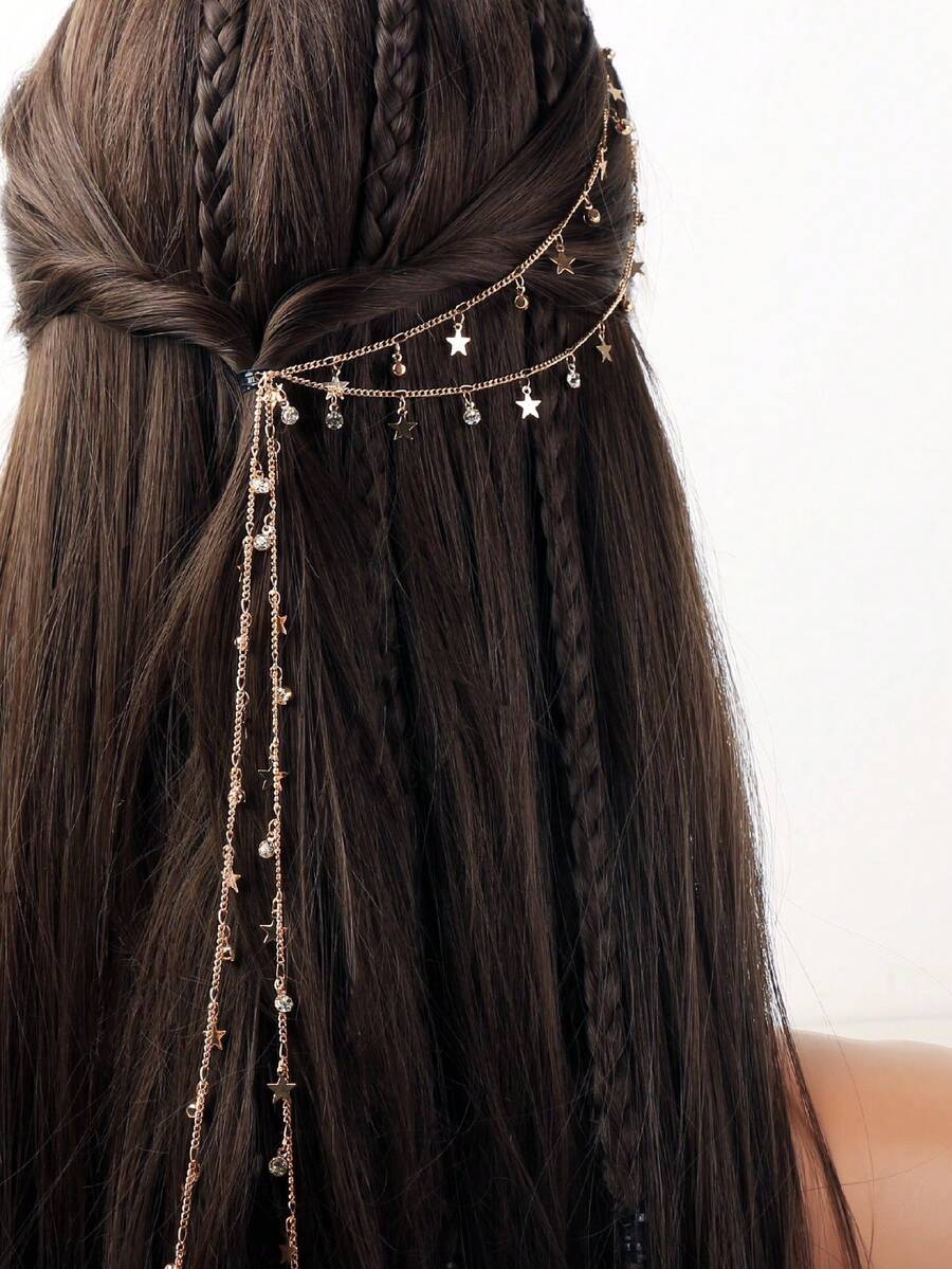 1件装女士发夹链，星形水钻流苏发夹发卡发饰，头饰，头部饰品，准新娘，派对，女士发饰，夏季，假日，旅行