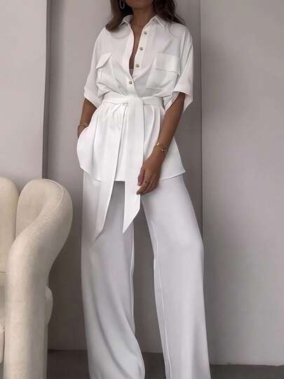 Women's Unique Lapel Solid Color Casual Short Sleeve Loose Single-Breasted Long Pants Suit, Solid Color Casual Summer