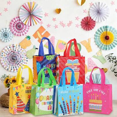 6/12/18个 20*20*9CM 无纺布礼品袋，适用于生日派对，简约帽子和礼物印花图案，6种颜色可选，适合家庭聚会、生日派对、成人派对等。