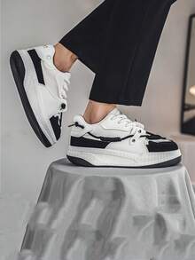 男士百搭休闲白色运动鞋，厚底运动鞋，四季皆宜 - 黑與白 - 查看 6