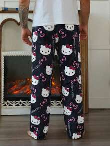 Sanrio 1pc Men's Casual Black Bottom  Pajama Pants,  Straight Leg Anime Costume, Autumn/Winter - Black - View 5