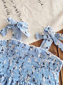 女婴碎花印花全身印花吊带蝴蝶结荷叶边美人鱼公主裙 - 藍色 - 查看 5