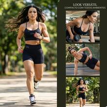 High-Waisted Mid-Thigh Shorts + Lined Top In UV 50+ Supplex Fabric For Women's Fitness And Gym Set. - xanh quân đội - Xem 4