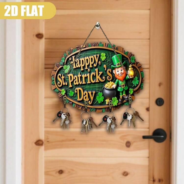 1 件装，乡村风格木制矮人钥匙扣，带金色罐子 - 圣帕特里克节及全年适用壁挂式钥匙架，爱尔兰主题门饰，门廊或别墅装饰，木制钥匙收纳架（8.11x10.63 英寸） - 彩色 - 查看 2