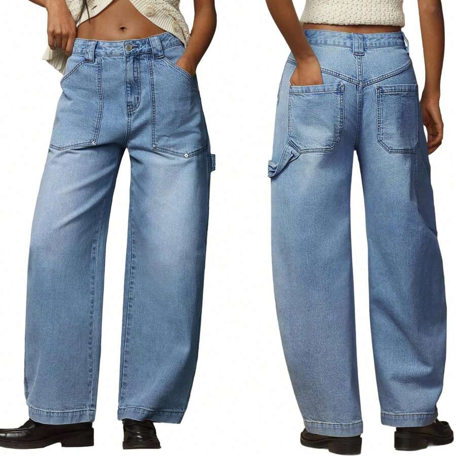 Women Ankle Jeans Wide Leg Baggy Boyfriend Mid Rise Cropped Denim Pants - Màu xanh lam - Xem 1