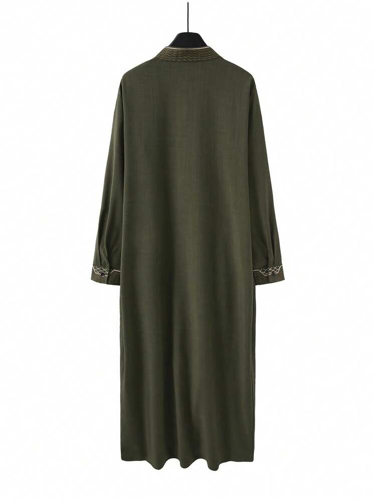 Ramadan Men's Long Robe, Long Sleeve Embroidered Mandarin Collar Design, Olive Green Kaftan Robe, Arabic Men's Fashion Clothing, Suitable For Ramadan Gifts, Festivals, And Formal Occasions - Olive Green - View 3
