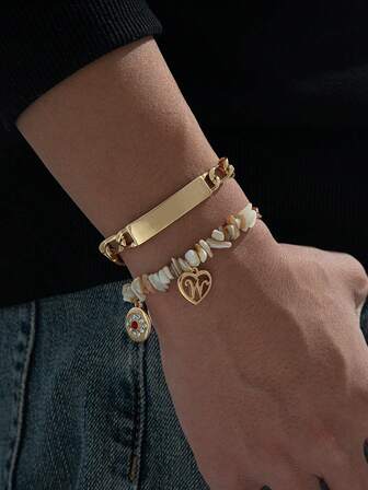 Un conjunto de dos piezas que consta de un brazalete de estilo bohemio con cadena de piedras y un brazalete de cadena lisa de empalme creativo casual (sin caja de regalo) para uso diario y como accesorio