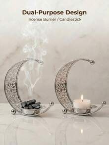 Metal Moon Incense Burner, Moon Bakhoor Burner Decoration Candelabra Dining Table Decor Fashion Home Decor Candlestick, Incense Holders, Elegant Aromatherapy Diffuser For Home Decor, Smokeless Fragrance Holder Perfect For Living Room, Bedroom, Yoga Studio, Meditation Space, Unique Incense Holder Made For Fragrance Lovers, Personalized Souvenir Gift An Ideal Gift For Friends, It Makes The Perfect Present For Family And Friends - Silver - View 11