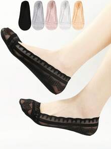 5双装女士蕾丝隐形夏季透明短袜不露踝袜套装低帮硅胶防滑船袜时尚优雅