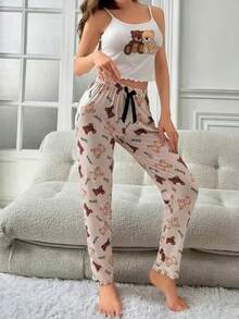 Bộ 2 món đồ ngủ nữ in hình gấu hoạt hình: áo hai dây và quần dài, đồ ngủ. - trắng - Xem 6