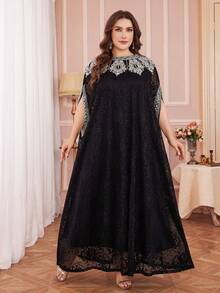 Solessence Plus Size Women's Stand Collar Solid Color Lace Trim, Applique Detail, Soft Lace Fabric Comfortable Arabic Style Long Robe, Suitable For Holidays And Daily Occasions Black Spring - Black - View 4