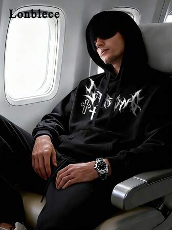 Lonblece 1pc Men's Cross & Thorn Letter Print Hooded Sweatshirt, Zipper Pocket Casual Pullover Suitable For Autumn/Winter