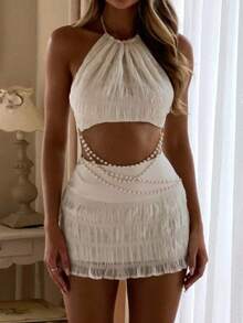 Women's 2 Piece Outfits Smocked Mini Skirt Set Casual Sleeveless Backless Smocked Halter Neck Tie Up Crop Top + Bodycon Short Mini Skirt Set - 白色 - 查看 1