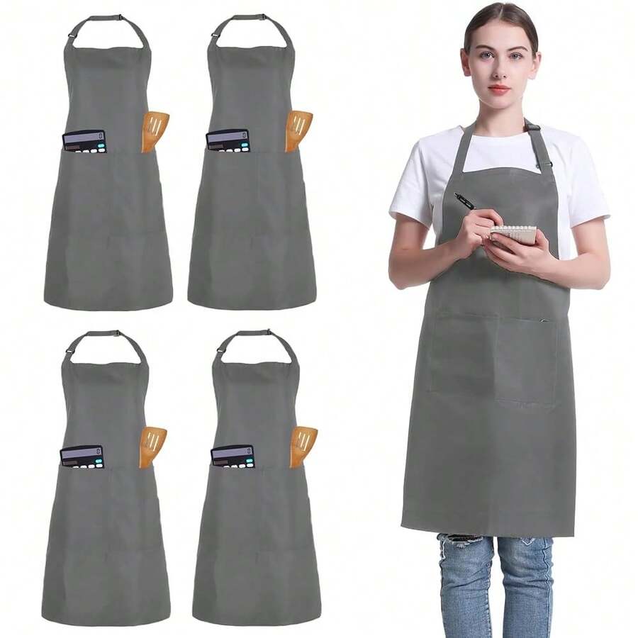 4 Pack Chef Apron, Adjustable Apron With 2 Pockets, Unisex Personalised Apron For CooFKing, Kitchen, Restaurant,Grey - Grey - View 1