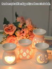 2.7" X 3.4" Delicate Mini Ceramic Hollow Floral, Heart, Moon & Star Shaped Aromatherapy Candle Holder, Fragrance Oil Diffuser Burner, Suitable For Home, Valentine's Day, Party, Halloween, Holiday, Autumn, Winter, Decoration, Gift - White - View 12