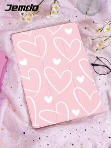 1个粉色线条爱心图案平板电脑保护套，三折式支架保护壳，兼容苹果10.2英寸平板电脑、苹果Pro 2021/2020款/苹果（A16）11英寸第11代/2025款/第10代平板电脑、三星Galaxy Tab A8 10.5英寸2022款、Matepad 10.4/Tab/平板电脑，防摔，带笔槽，支持睡眠/唤醒功能，情人节礼物 - 彩色 - 查看 3