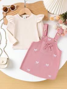 2pcs Baby Girls Cute Stylish Long Sleeve Top + Suspender Dress Set, Lightweight, Spring/Autumn - Pink - View 3