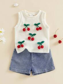 Conjuntos de verano de 2 piezas para niñas: top sin mangas con cuello redondo y estampado de cerezas en 3D, y shorts vaqueros. - Albaricoque - Ver 6