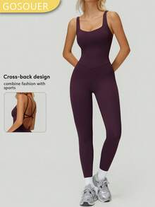 1件装 女士高弹力无袖交叉露背跑步健身瑜伽连体紧身裤 - 紫色 - 查看 2