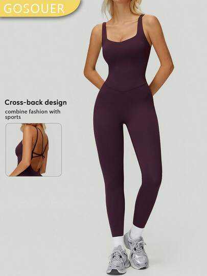 1件装 女士高弹力无袖交叉露背跑步健身瑜伽连体紧身裤