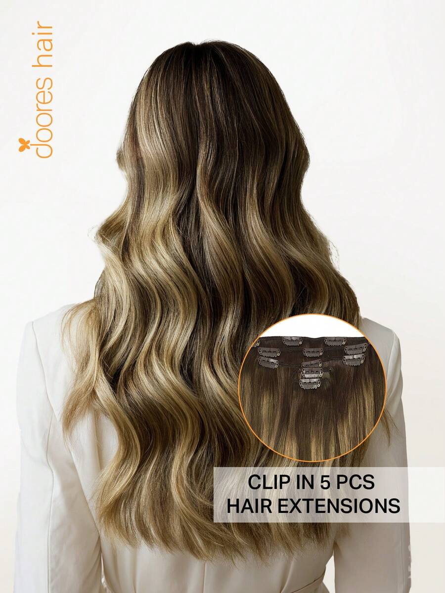 DOORES 5pcs Seamless Straight Human Hair Extensions, Natural Soft Chocolate Brown To Honey Blonde, 73-85g 100% Brazilian Remy Human Hair, Double Clip-In Hair Extensions For Full Head Use - S4/27/4 - View 1