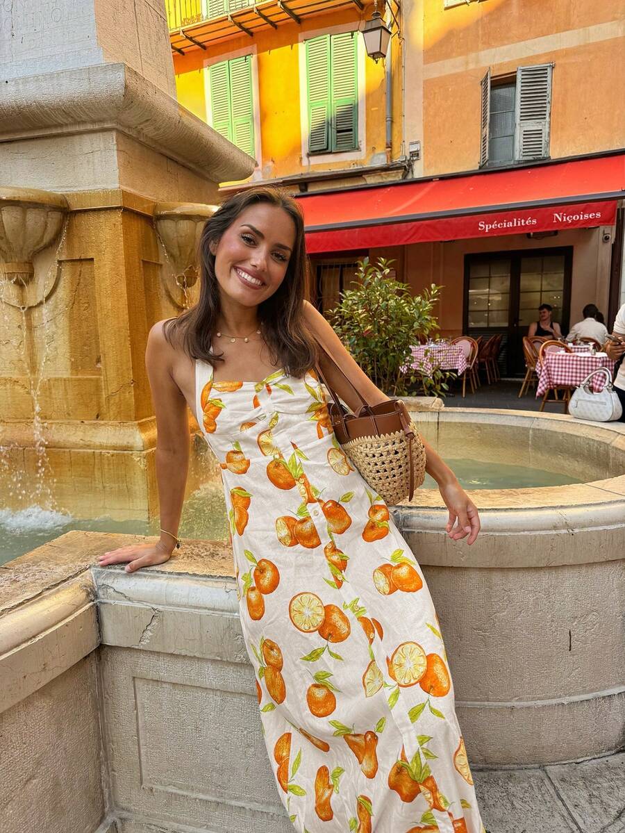 Damen Sommer Casual Urlaubsstil Vollprint Orange Knoten Träger Kleid, Damen Boho Mittellang Träger Kleid, Orange Fruchtprint, geeignet für Sommer Party Elegant - Gelb - Übersicht 1