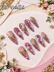 10pcs/Set Press On Nails, Almond-Shaped Nails,Long Nails,Winter Model,Cute Style,Detachable, Suitable For Party, Dance, Daily Wear, Student Party, Office Worker Cosplay, Press-On And Reusable, With Jelly Glue And Nail File Nail Supplies - Red Violet - View 1