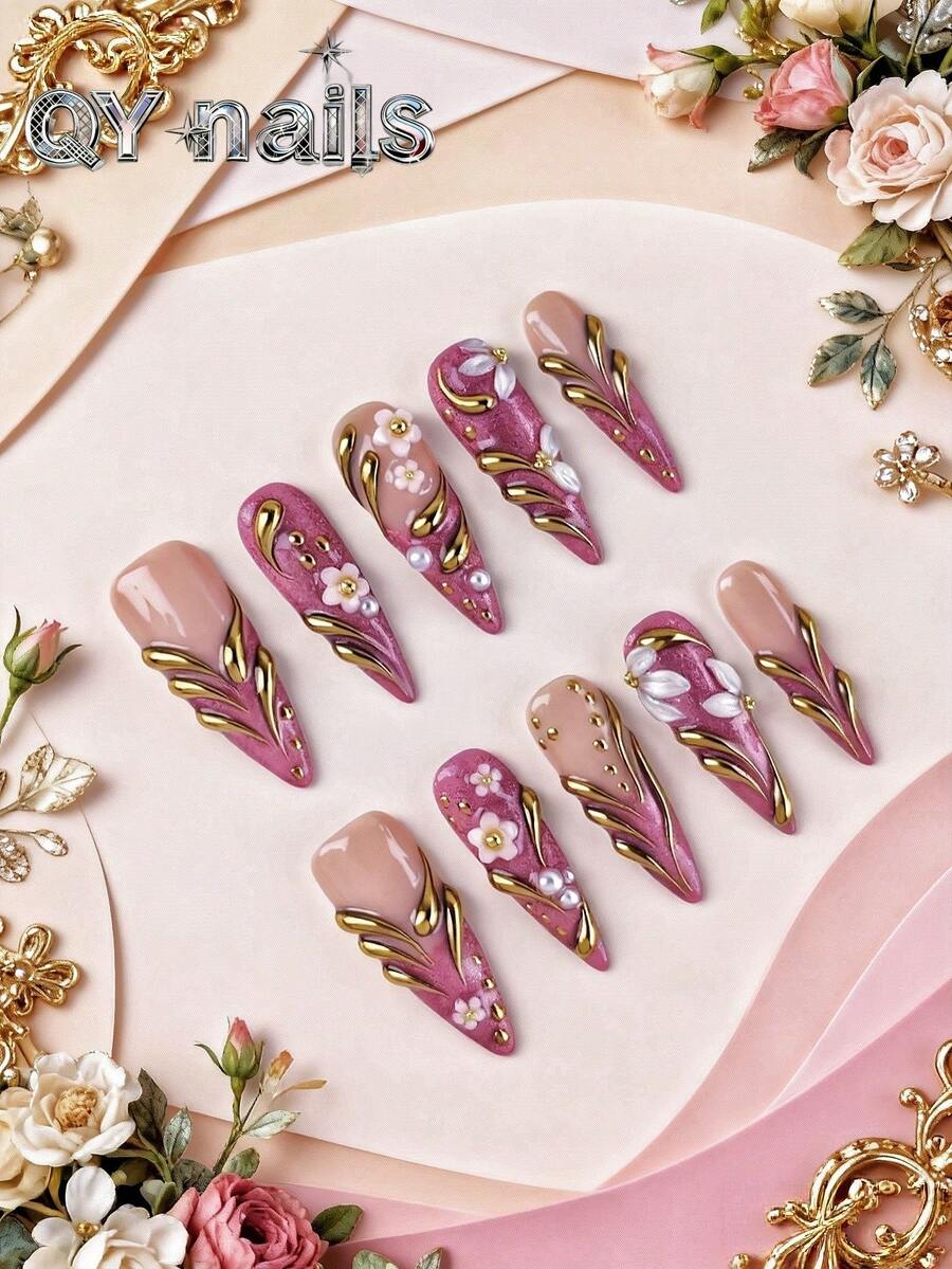 10pcs/Set Press On Nails, Almond-Shaped Nails,Long Nails,Winter Model,Cute Style,Detachable, Suitable For Party, Dance, Daily Wear, Student Party, Office Worker Cosplay, Press-On And Reusable, With Jelly Glue And Nail File Nail Supplies - Red Violet - View 1