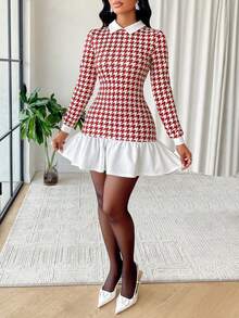 Ladies' Early Spring Thousand Bird Plaid Print Contrasting Collar Long Sleeved Ruffle Hem Dress, Suitable For Valentine's Day Night Date Outfit - Red - View 6